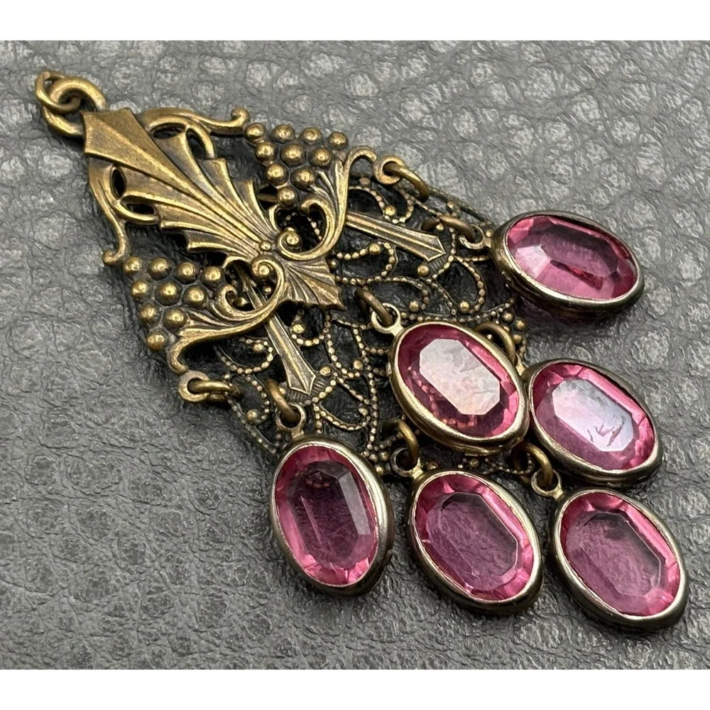 VTG Nouveau Revival Brass Tone Crystal Station Pendant Filigree Chandelier Style